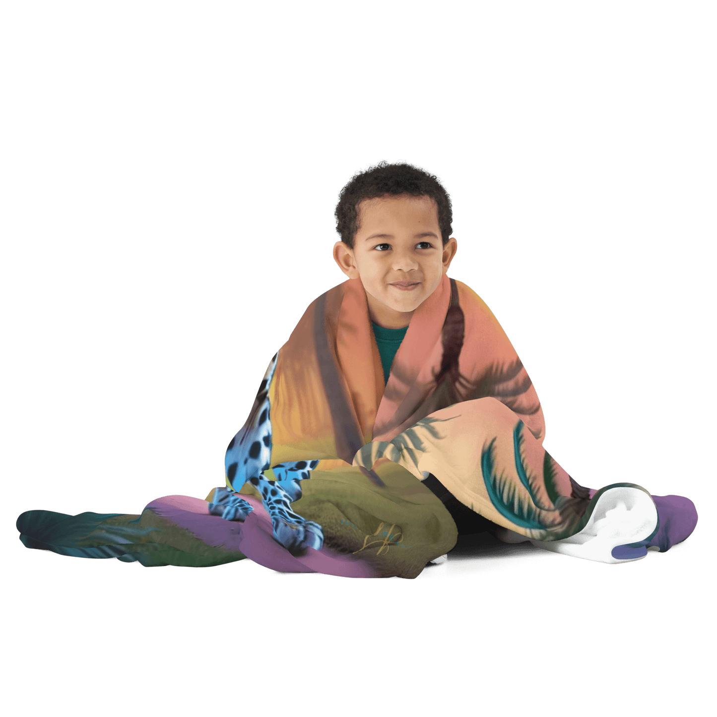 Cheetah on the Blvd Printed Throw Blanket wrapped around a child's shoulders