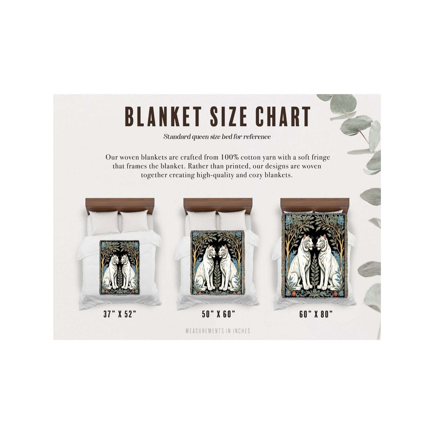 Woven Blanket size chart for the White Tiger Woven Luxury Blanket featuring three sizes; 37"x52", 50"x60", and 60"x80"