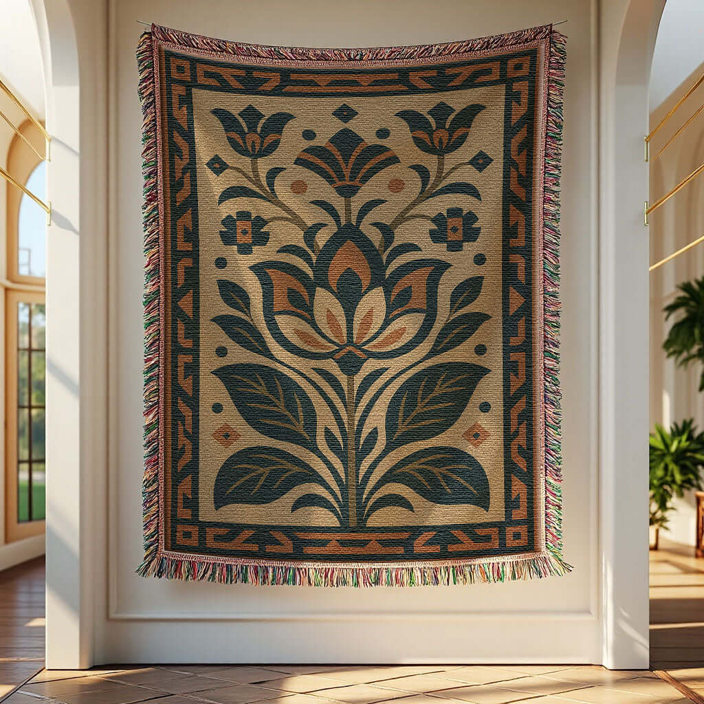 Art Deco Luxury Floral Blanket Tapestry Beige Aesthetic