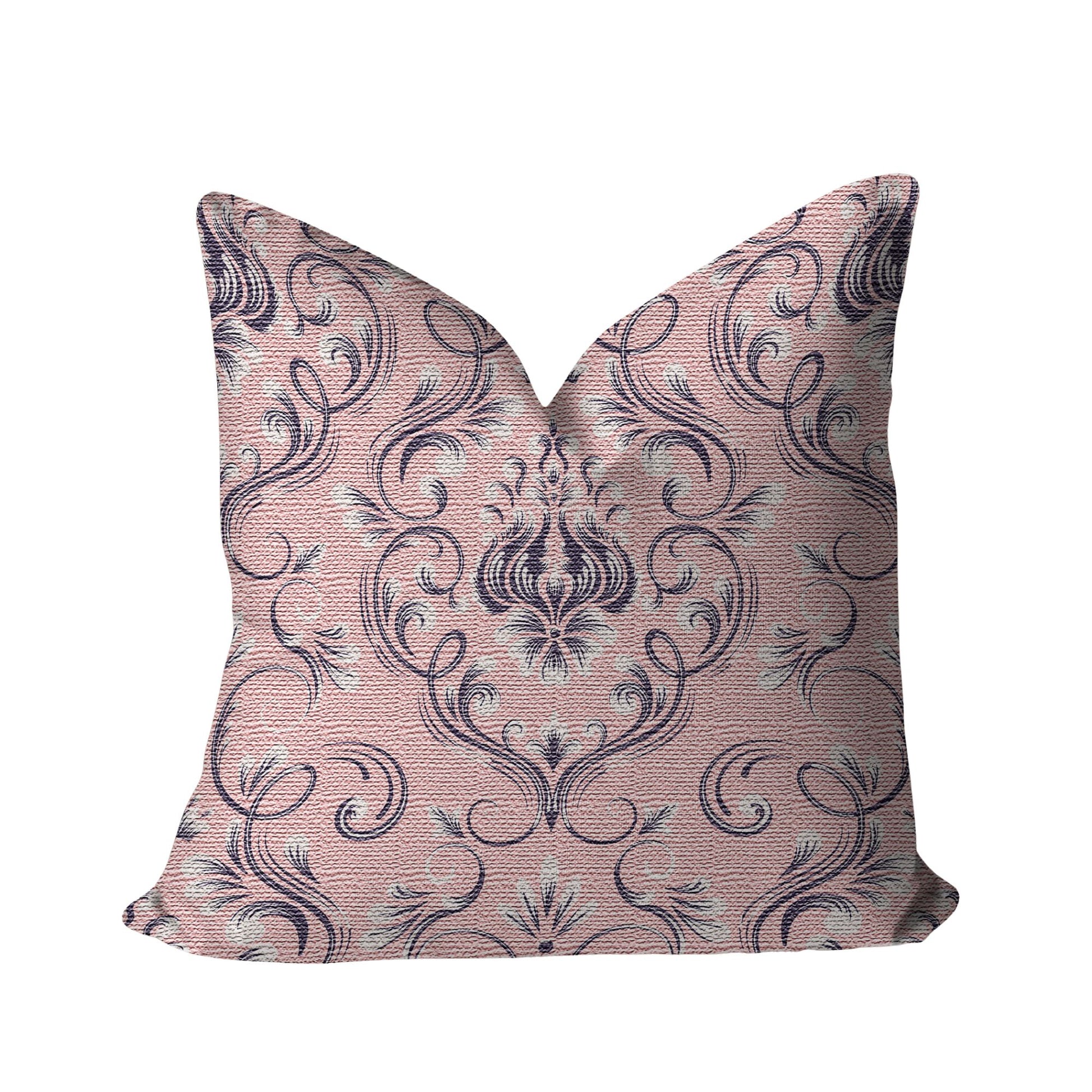 Pink And Navy Damask Woven Pillow against a white background