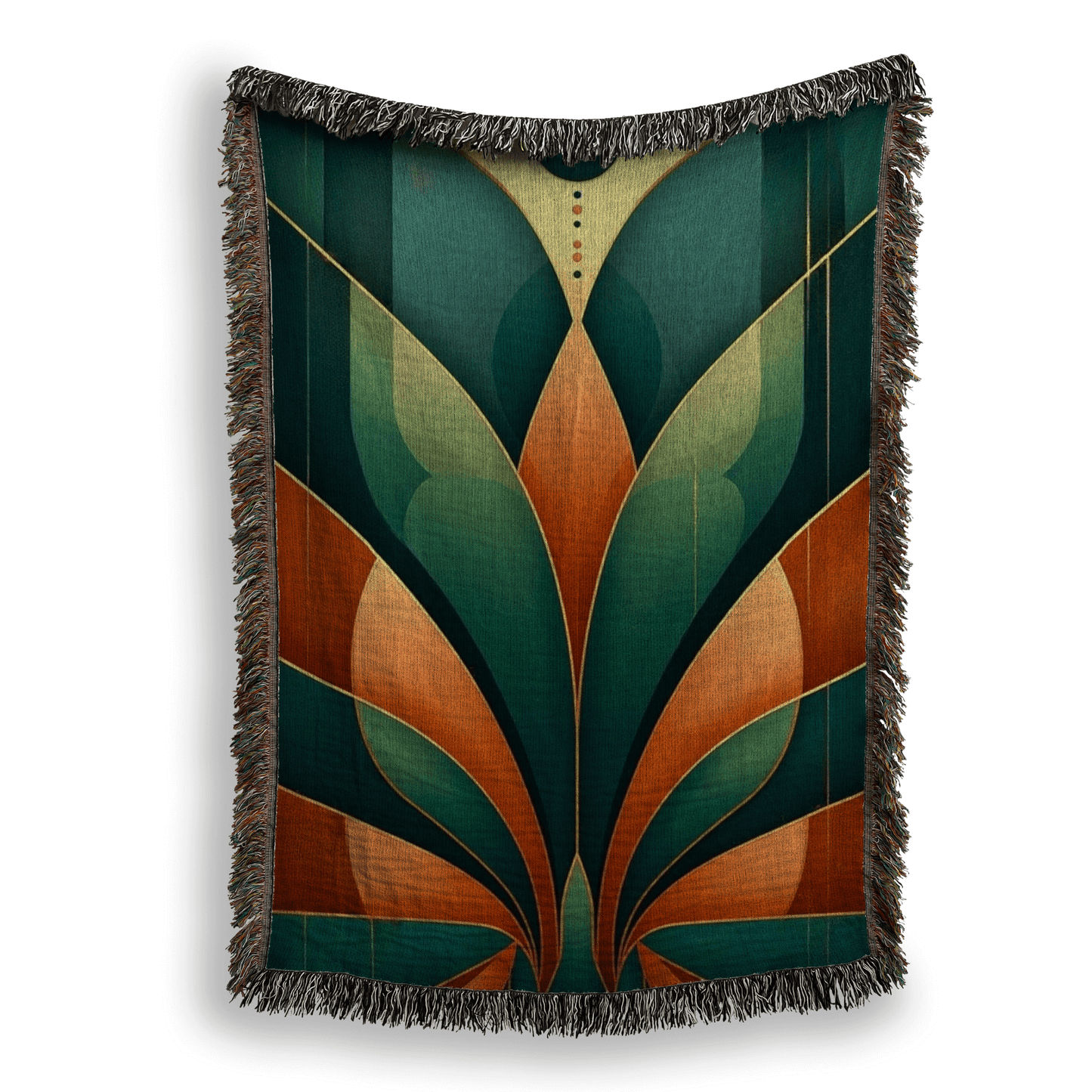 Art Deco Inspired Teal Bronze Mitered Design Woven Blanket Tapestry