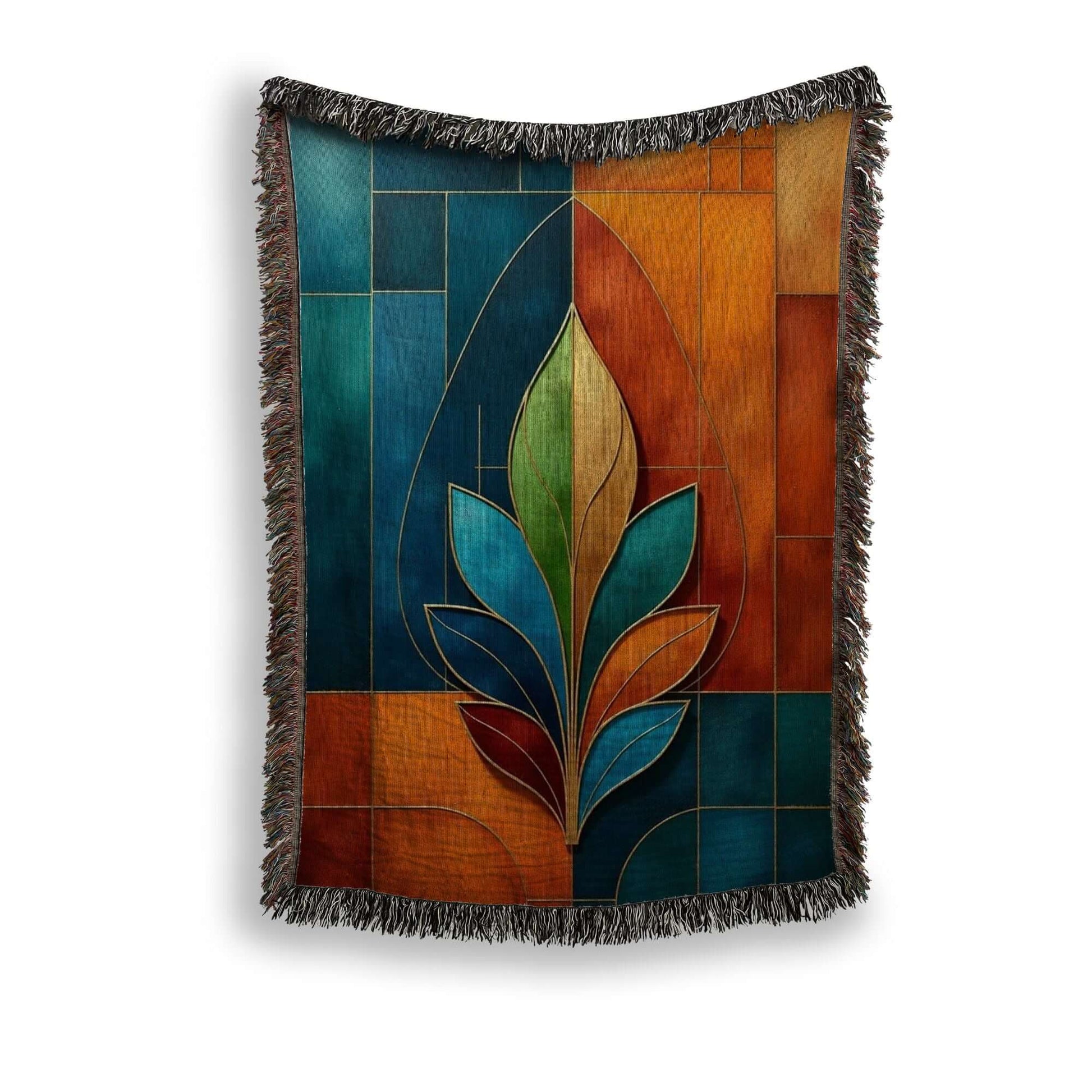Multicolor Abstract Flower Woven Blanket Tapestry hanging against a white background