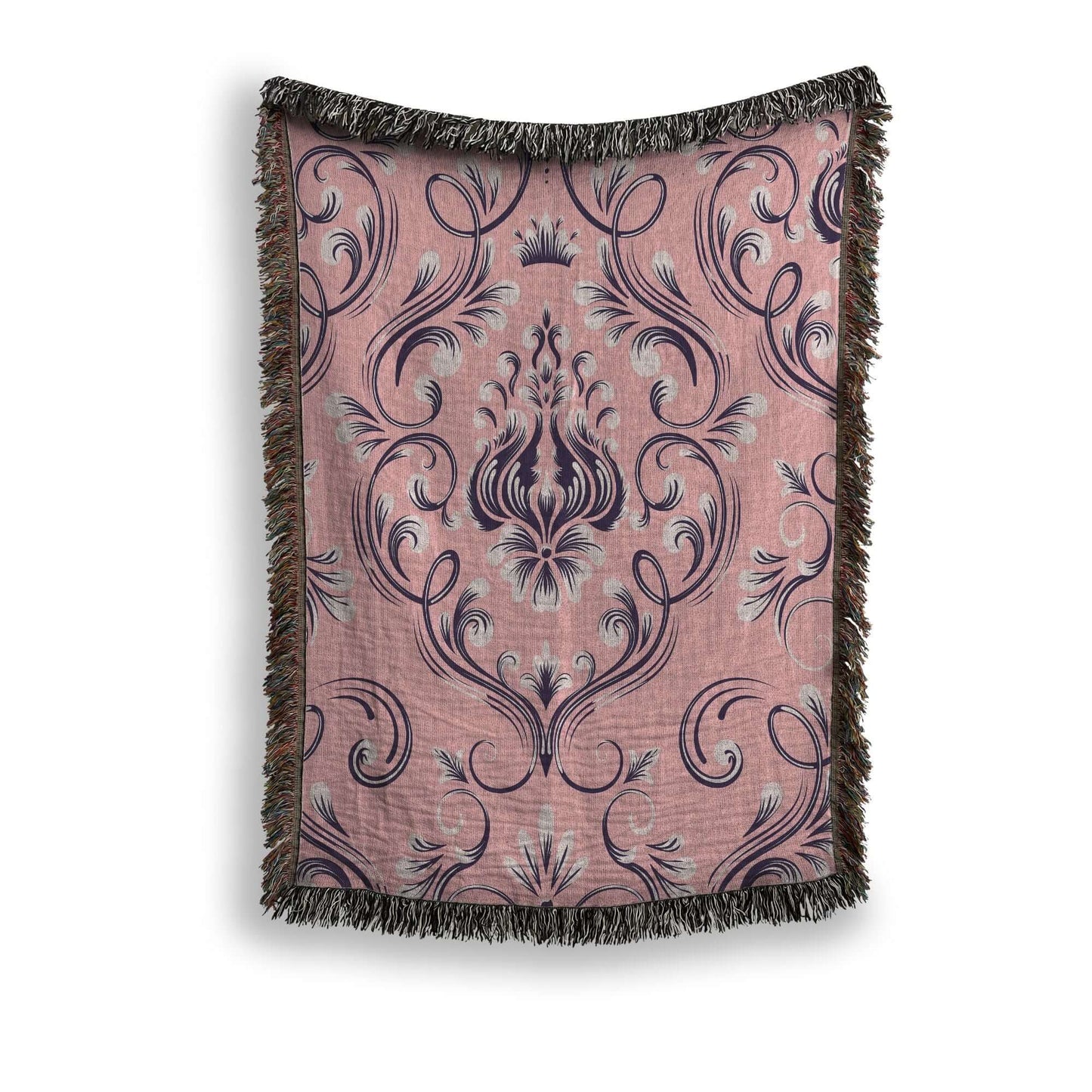 Pink Floral Damask Woven Blanket showcasing intricate jacquard weaving and luxurious pattern detail.