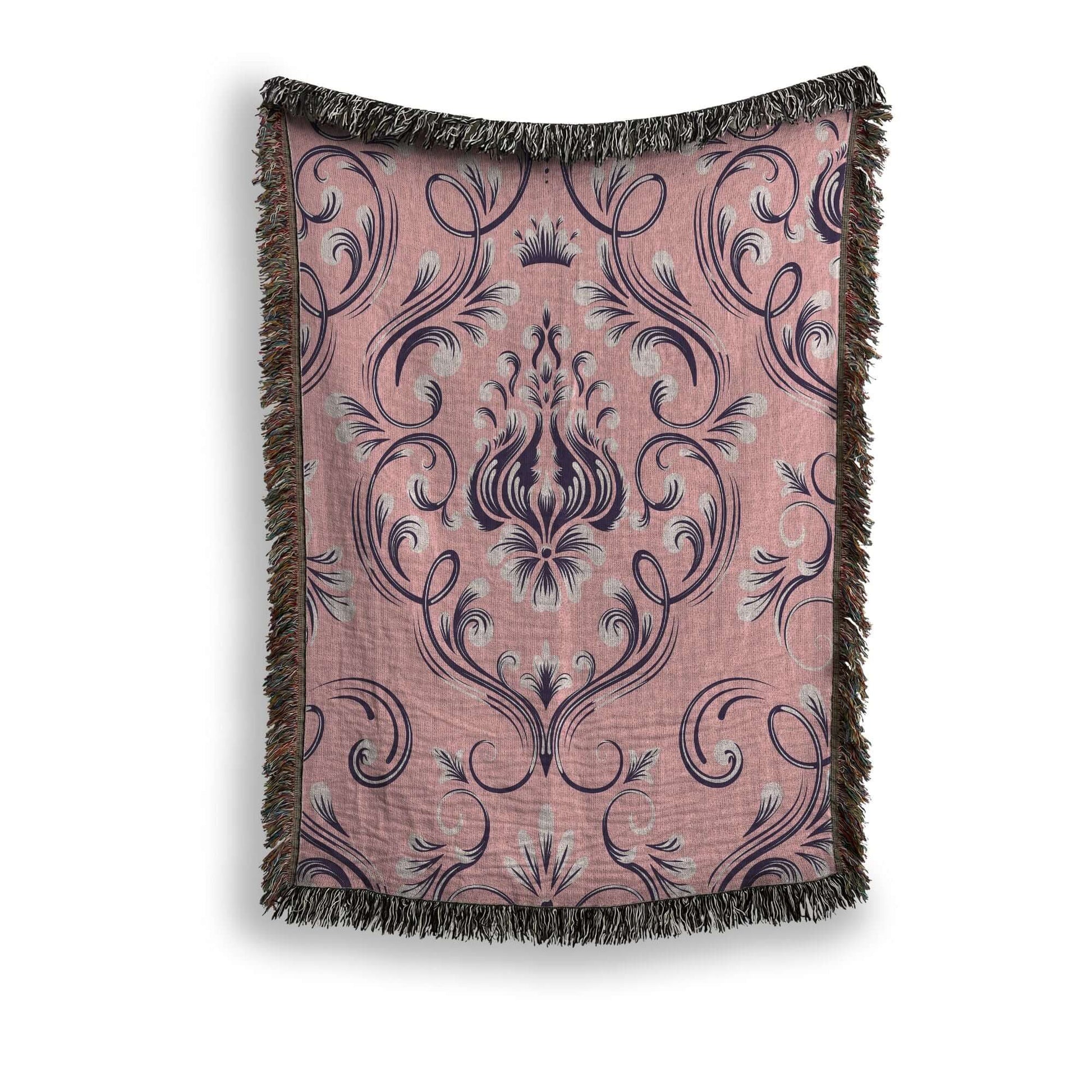 Pink Floral Damask Woven Blanket showcasing intricate jacquard weaving and luxurious pattern detail.