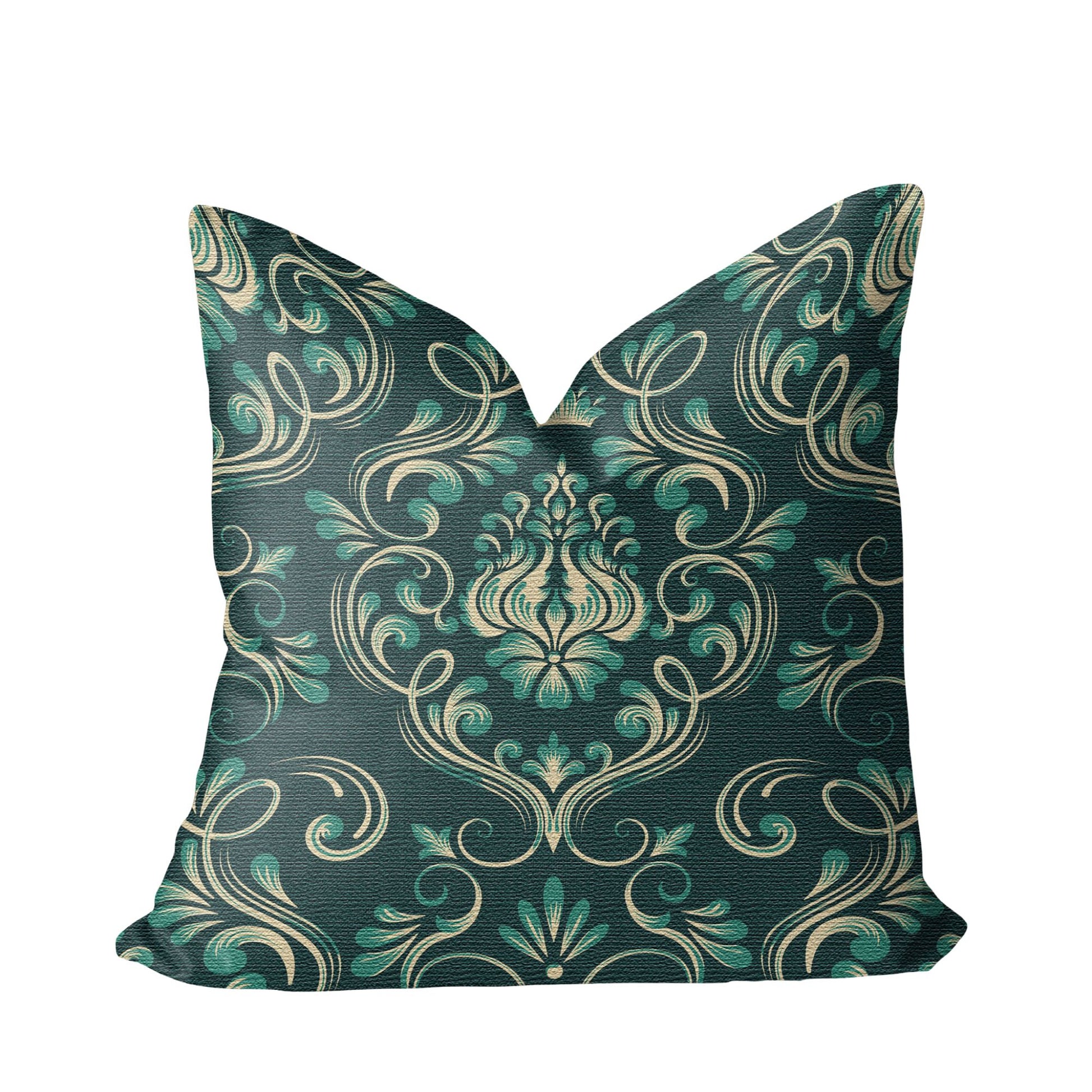Dark Green Floral Damask Woven Pillow against a white background