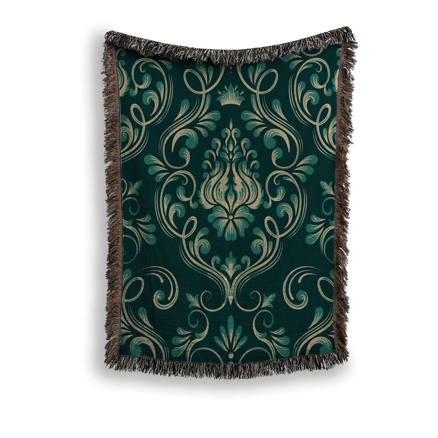 Dark Green Damask Woven Blanket hanging against a white background