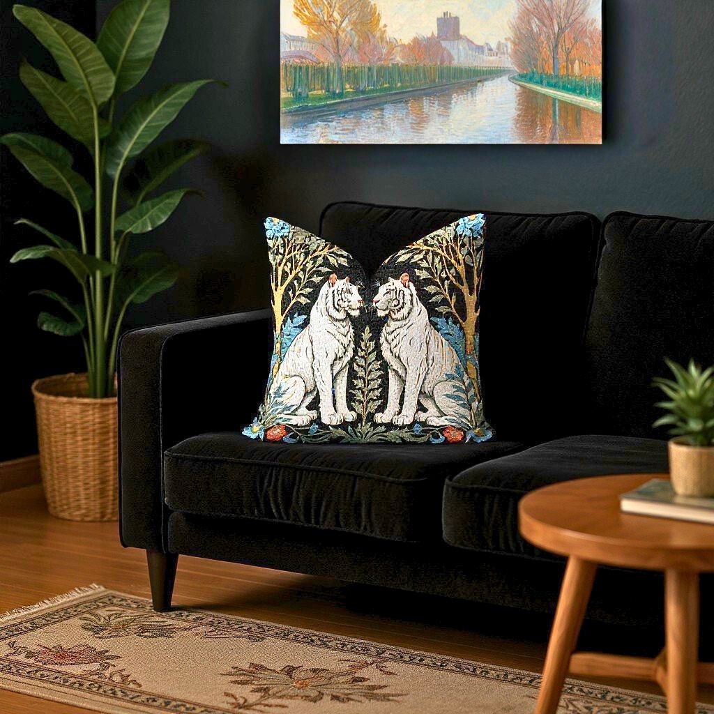 Exotic White Tiger Woven Pillow on a black velvet sofa in a dark aesthetic living room