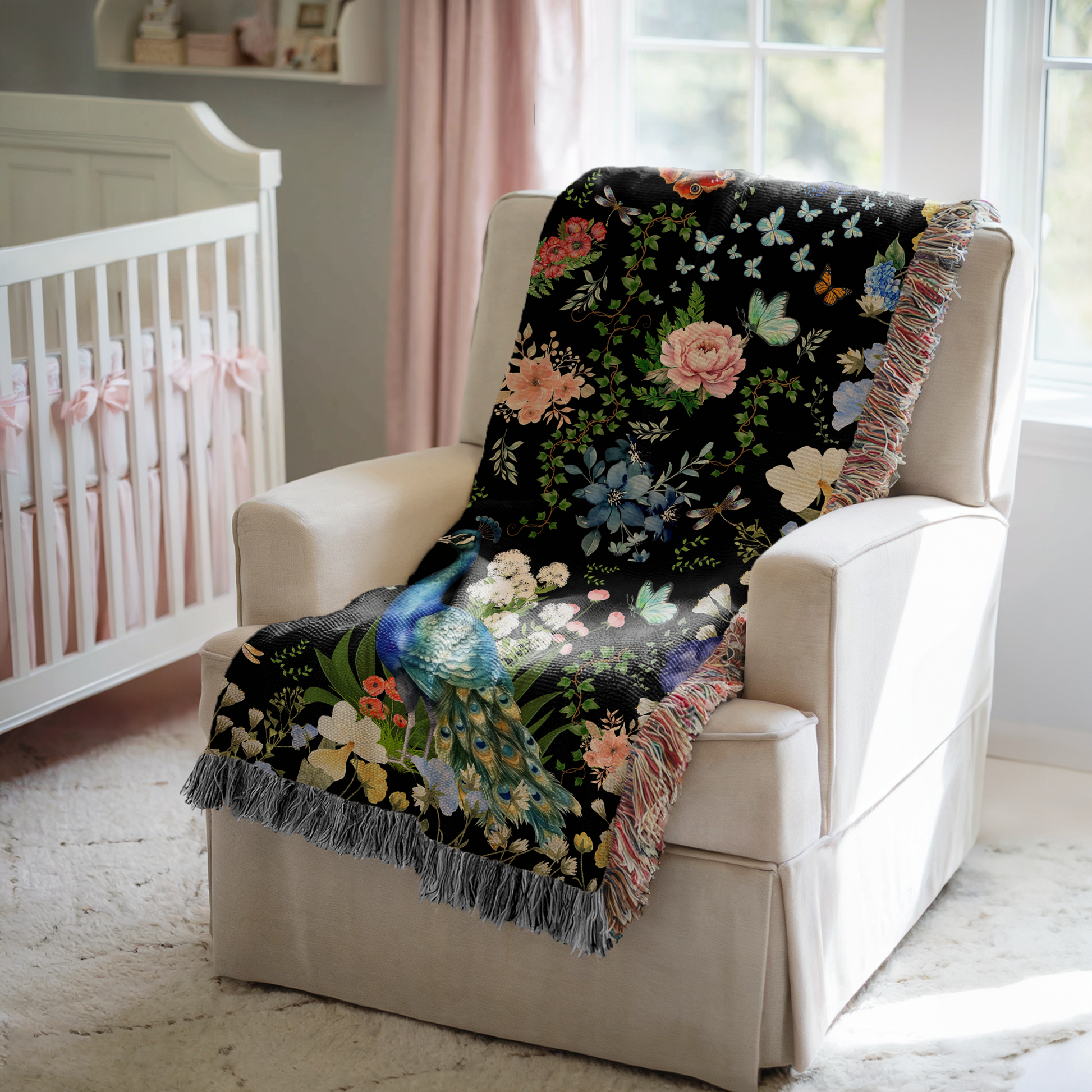 Black Peacock Floral Woven Blanket with Fringes draped over a chair in a cozy living space.