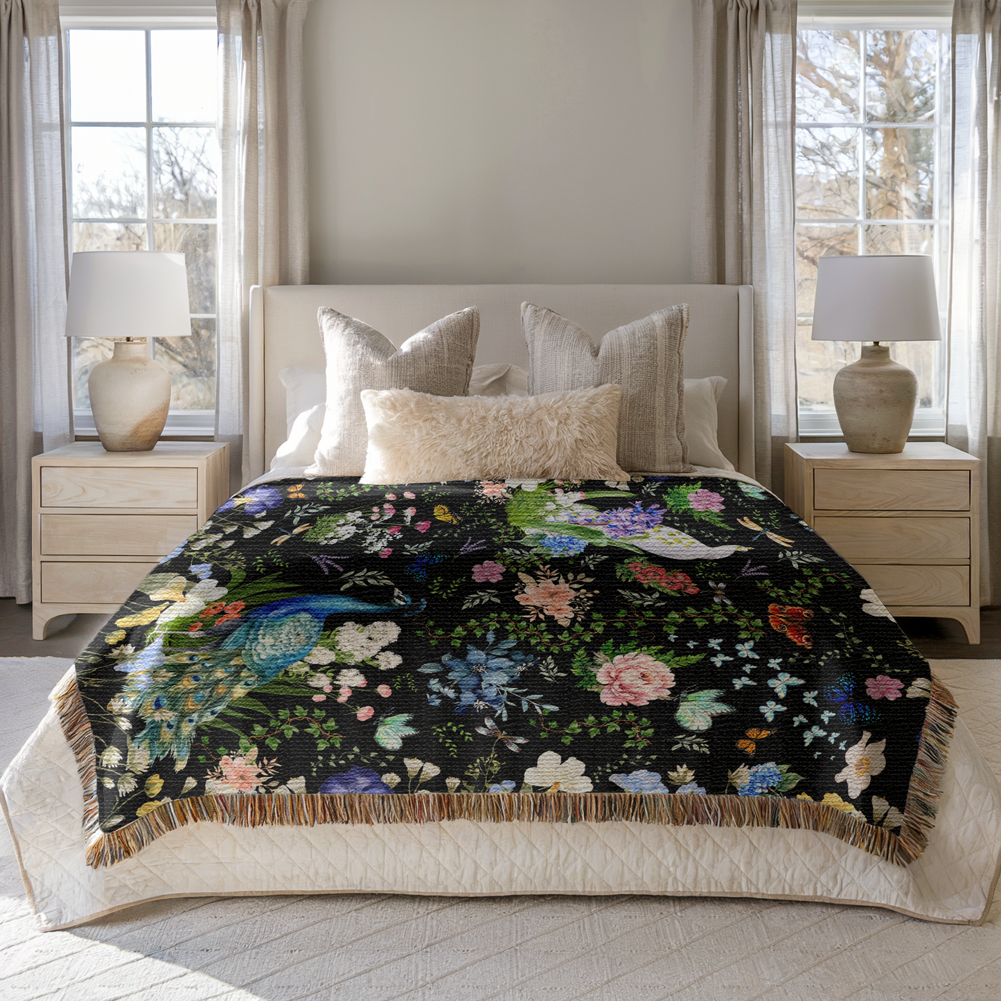 Black Peacock Floral Woven Blanket with Fringes displayed on a bed in a cozy bedroom.