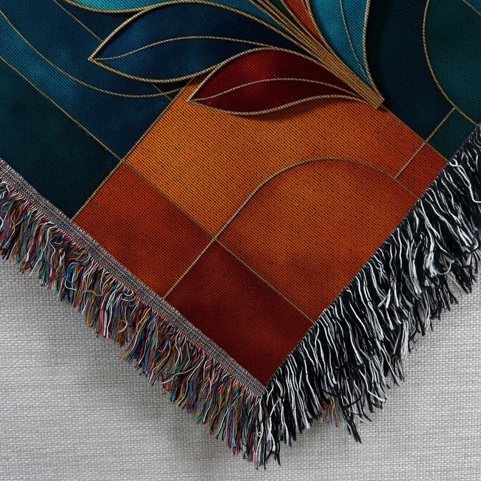 Corner view of Multicolor Abstract Flower Woven Blanket Tapestry.