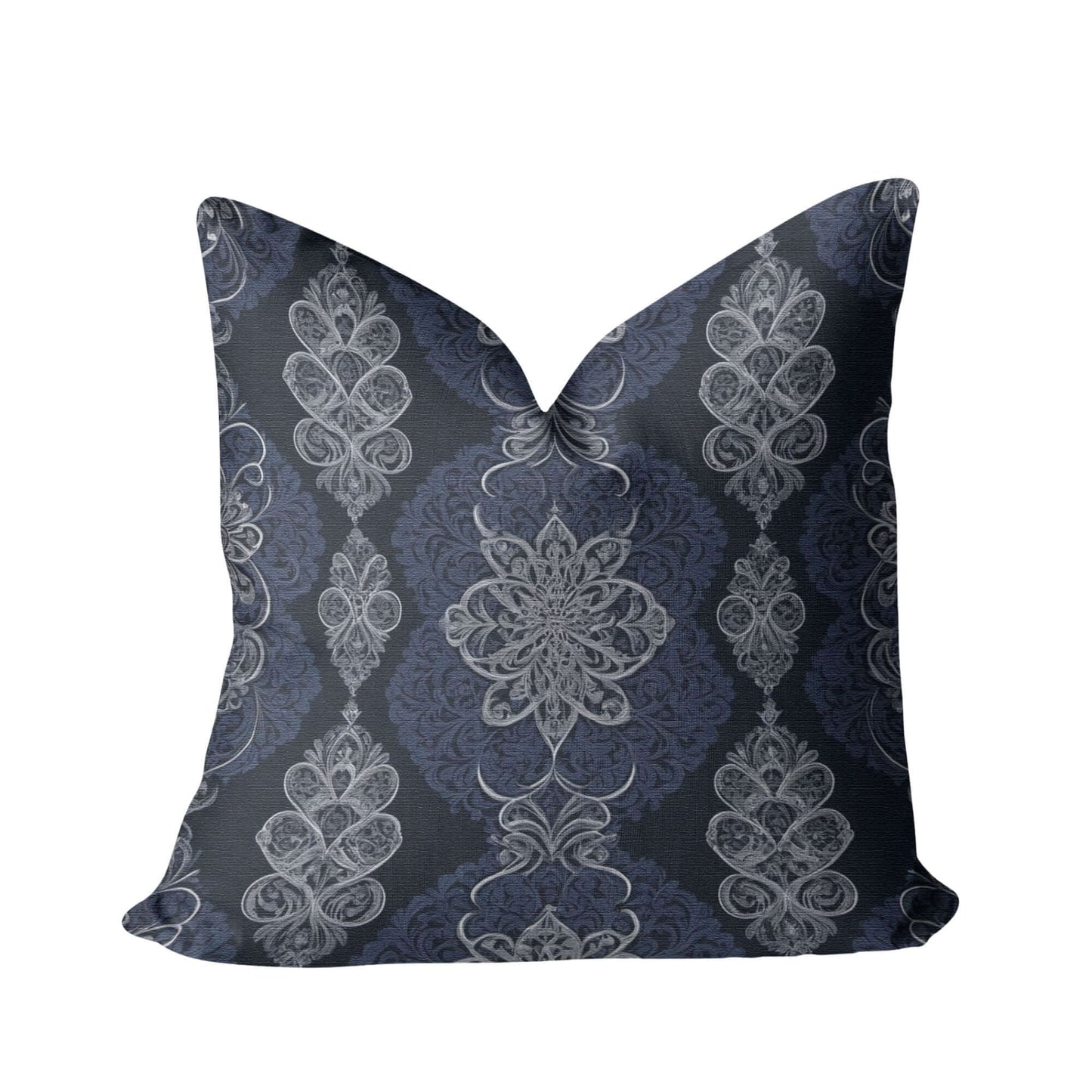 Navy White Damask Woven Pillow against a white background