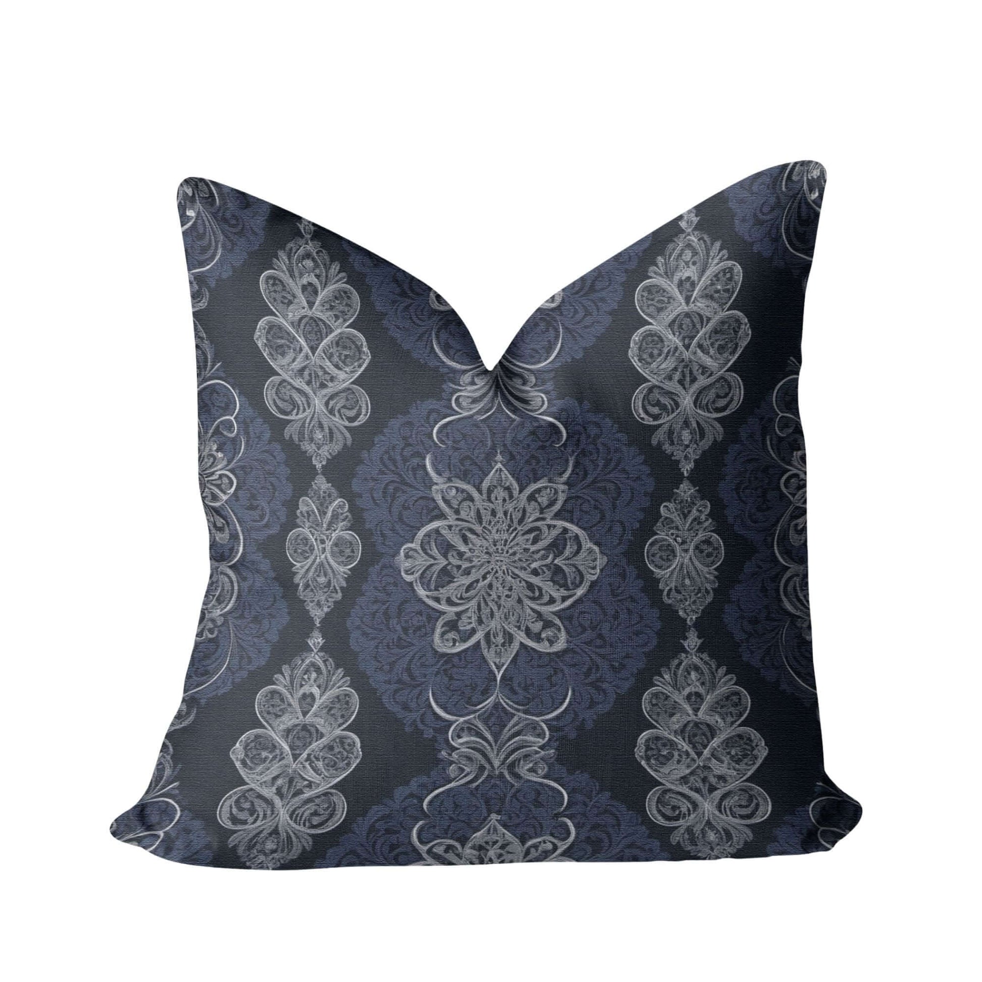 Navy White Damask Woven Pillow against a white background