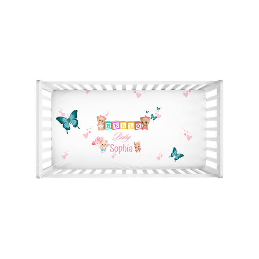 Girls Pink and White Butterfly Crib Sheet