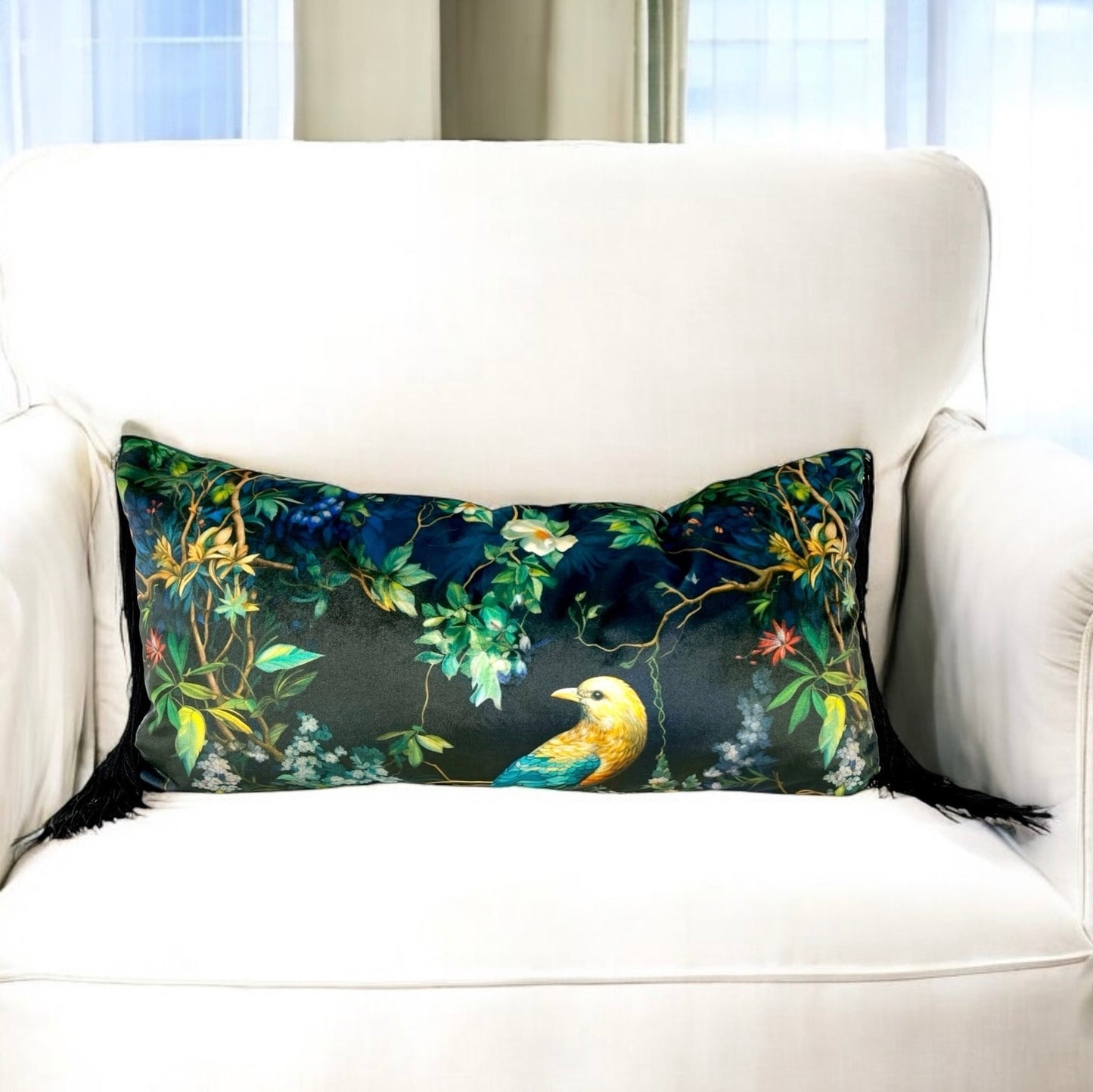 Floral Velvet Lumbar Pillow Cover with Chainette Fringe