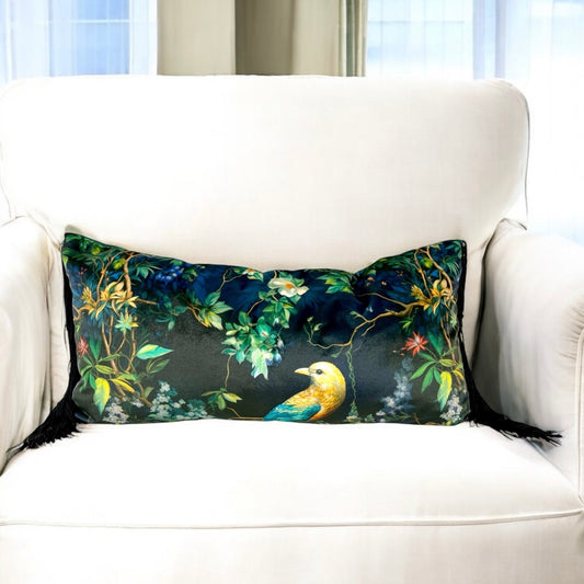 Floral Velvet Lumbar Pillow Cover with Chainette Fringe