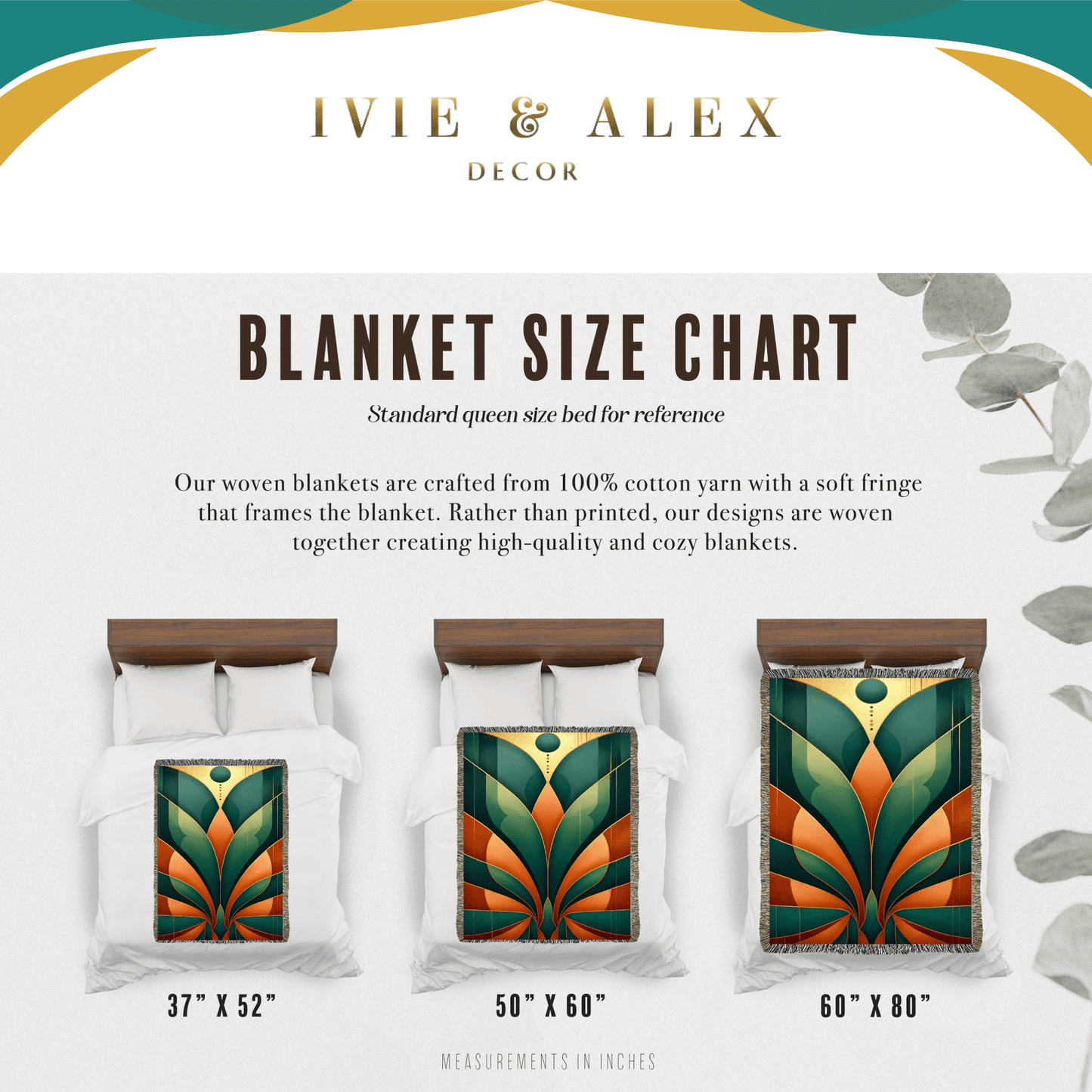Art Deco Inspired Teal Bronze Mitered Design Woven Blanket Tapestry