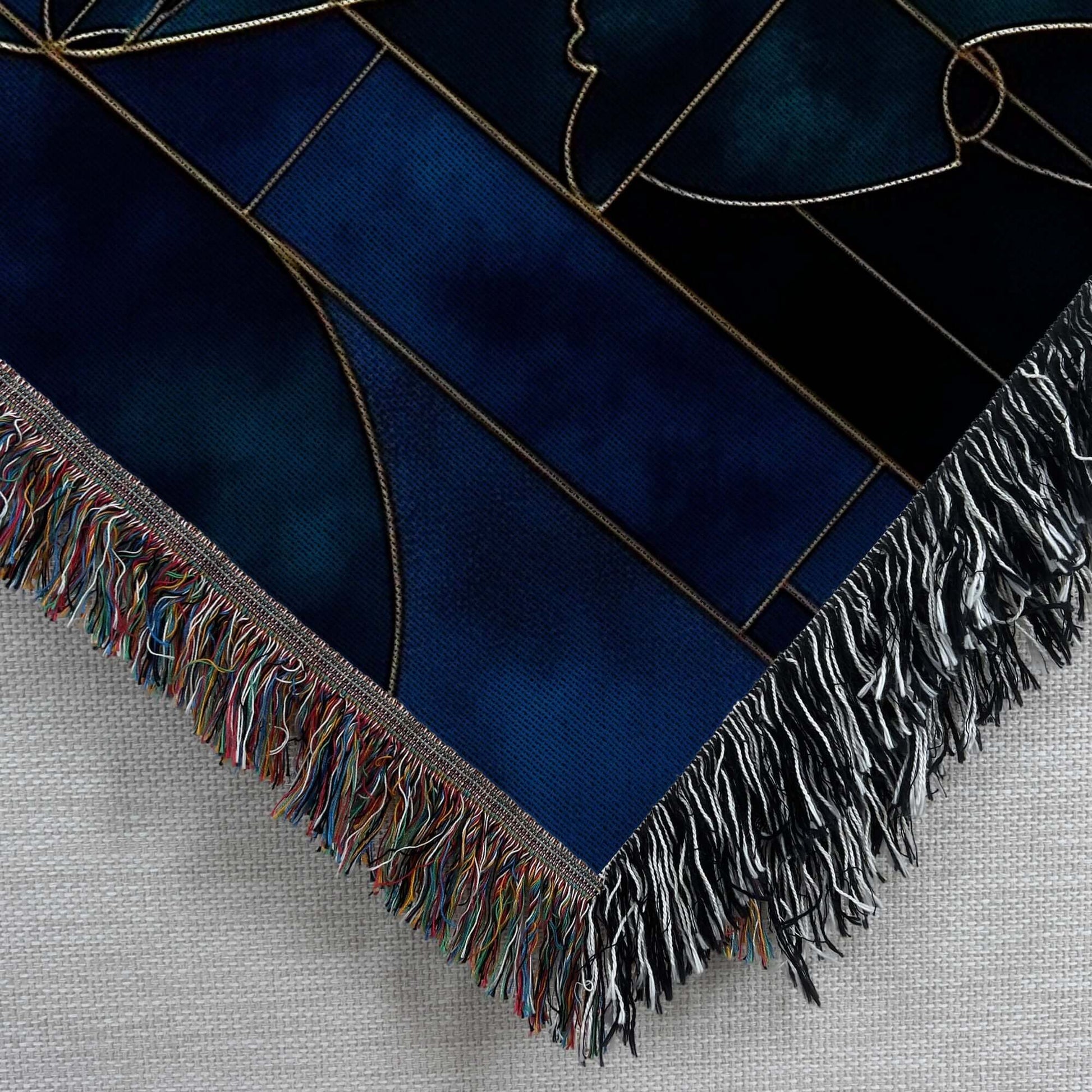 Corner view of Blue and Teal Abstract Art Woven Blanket Tapestry