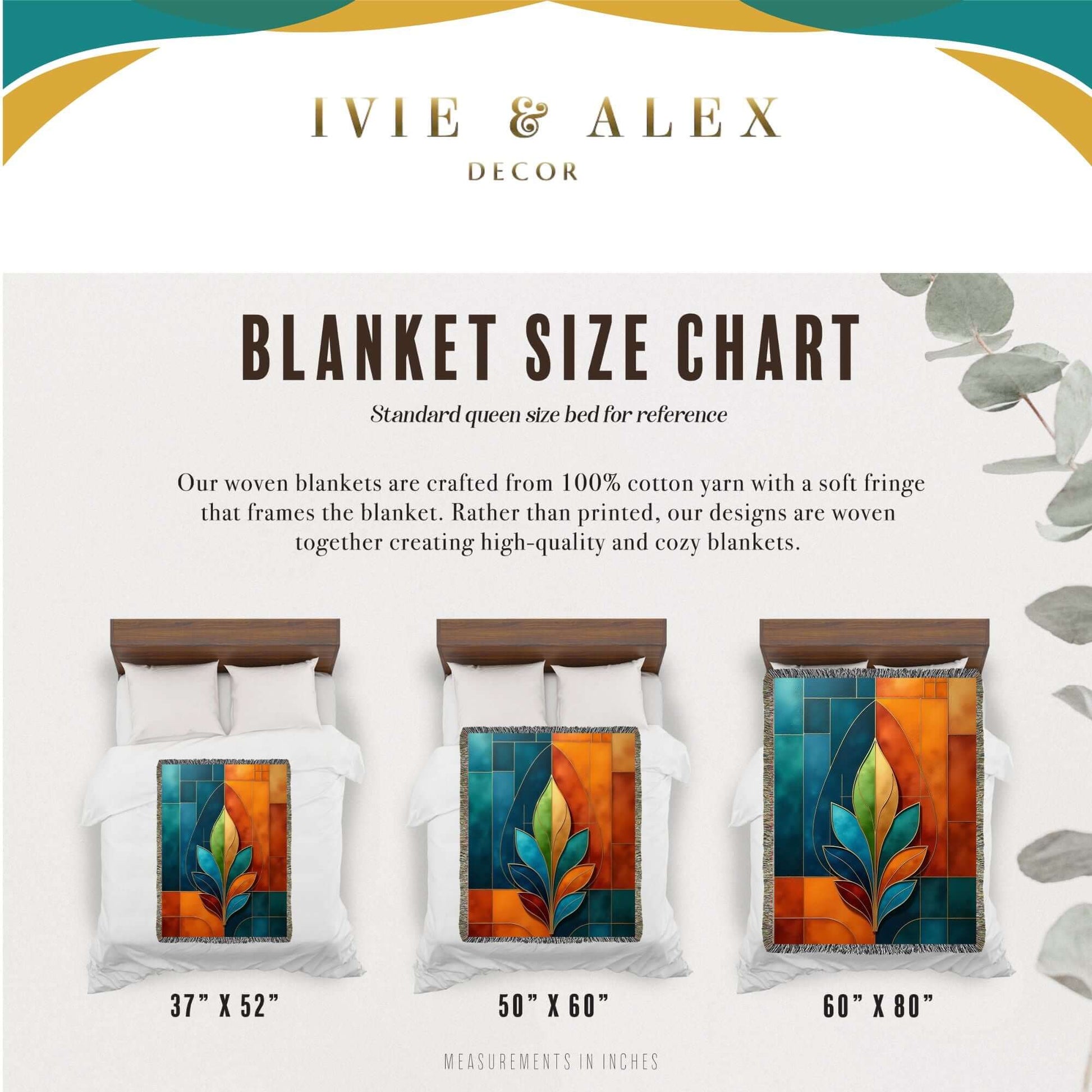 Size chart for a Multicolor Abstract Flower Woven Blanket Tapestry displaying sizes 37x52 in, 50x60in, and 60x80 in.