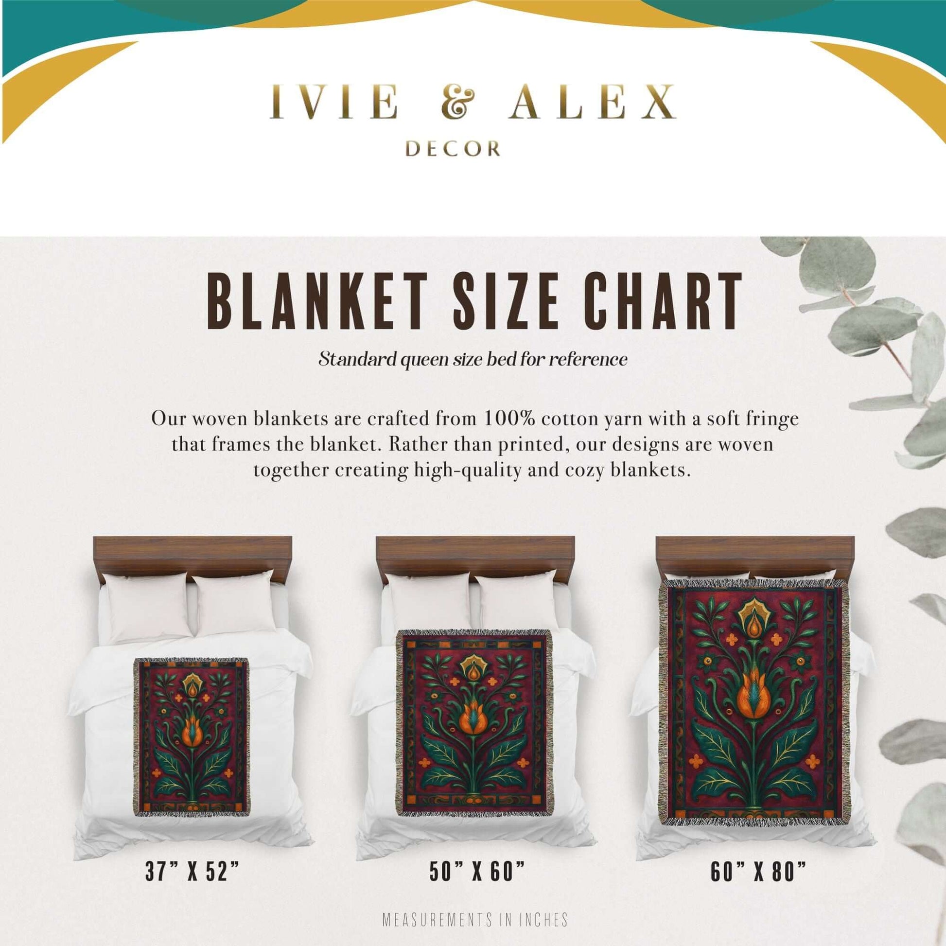 Size chart for Plum and Teal Floral Art Deco Inspired Woven Blanket Tapestry. 