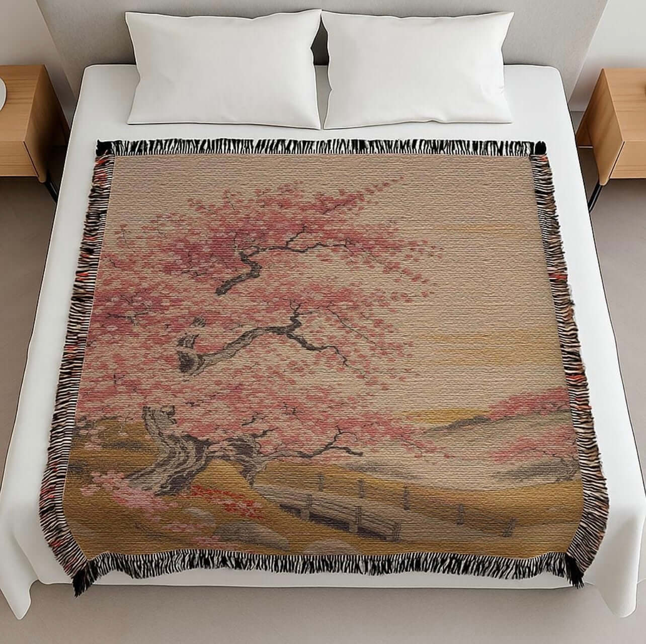Cherry Blossom Tree Woven Blanket Tapestry draped on a bed in a cozy dimly lit bedroom. 