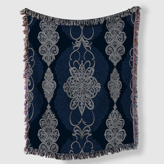 Navy White Damask Woven Blanket Tapestry