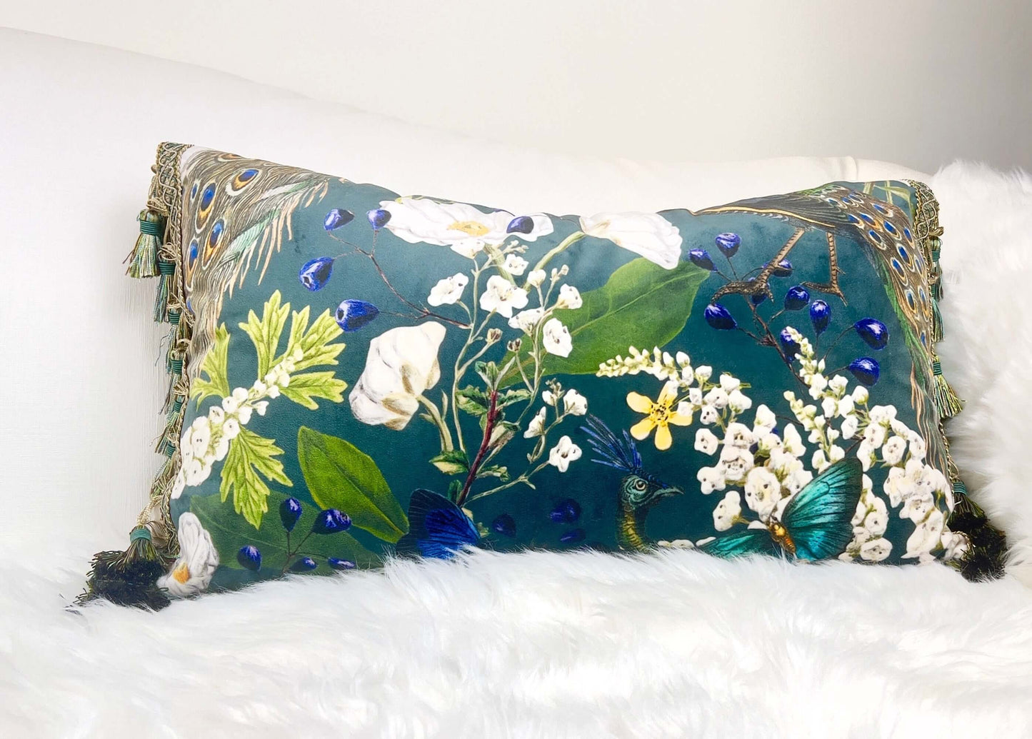 Peacock Velvet Lumbar Pillow Cover with Satin Lining | Navy | Made to Order