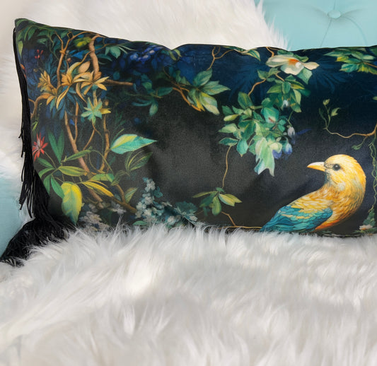 Floral Velvet Lumbar Pillow Cover with Side Bohemian Style Chainette Fringes
