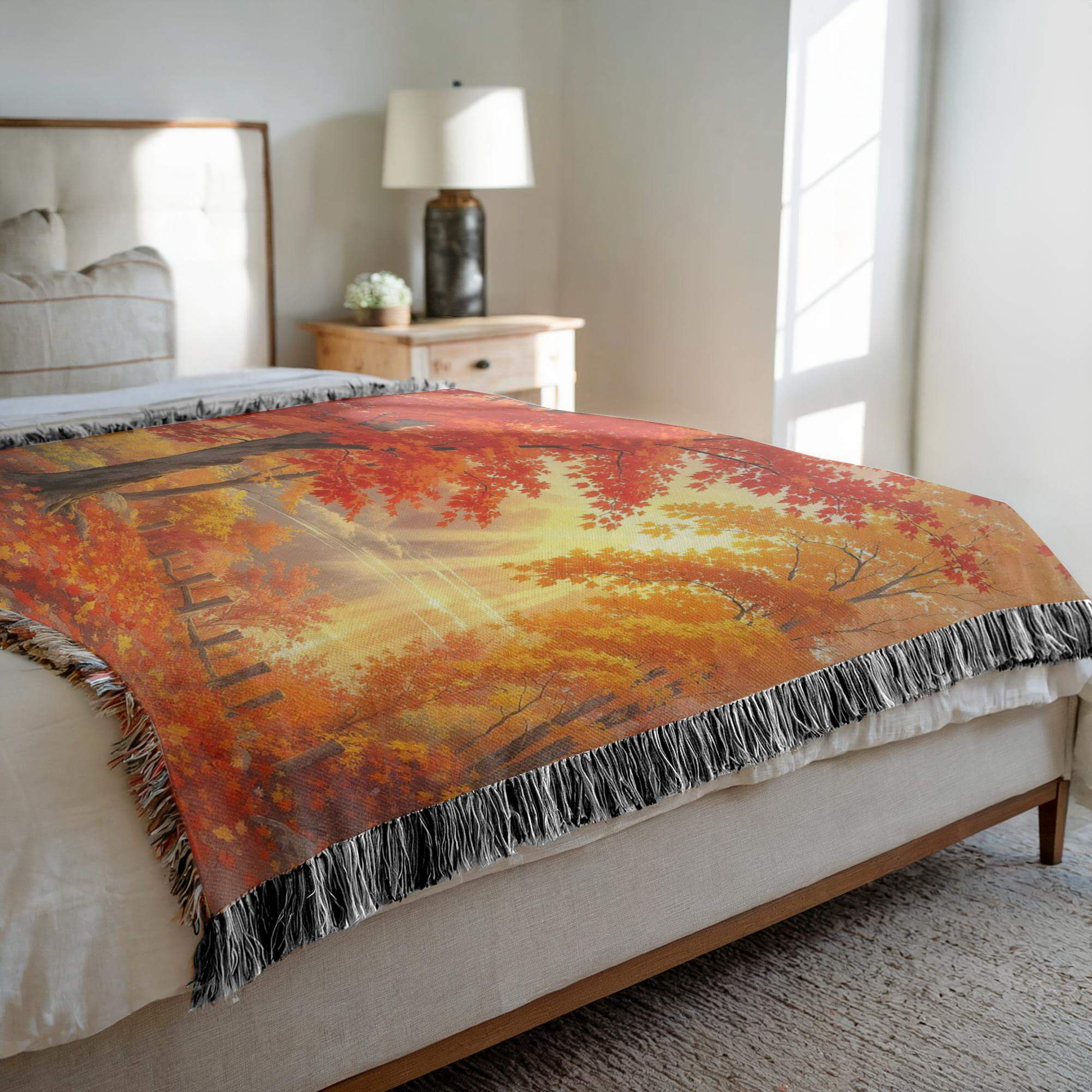 Bedroom with the side view of a bed covered by the Autumn Day Woven Blanket Tapestry