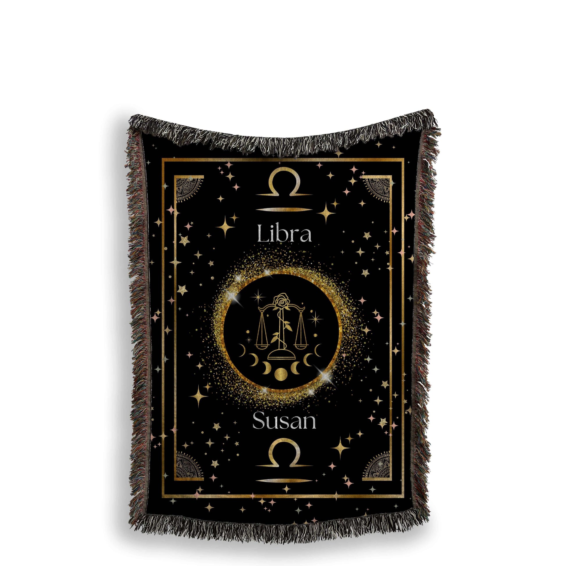 Gold and black Libra zodiac blanket, made of woven fabric.