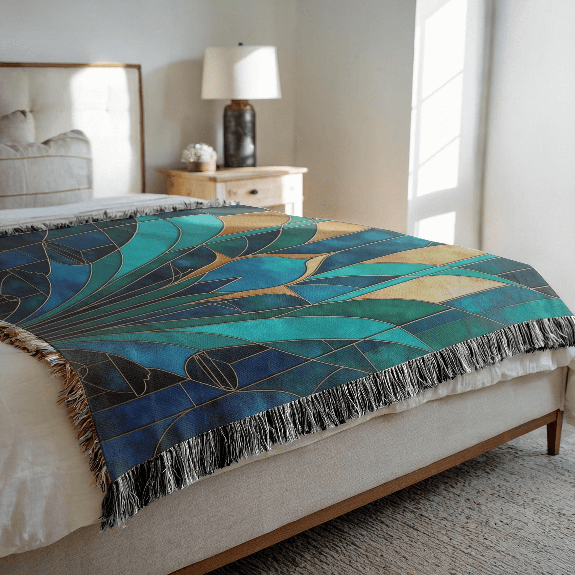 Blue and Teal Abstract Art Woven Blanket Tapestry