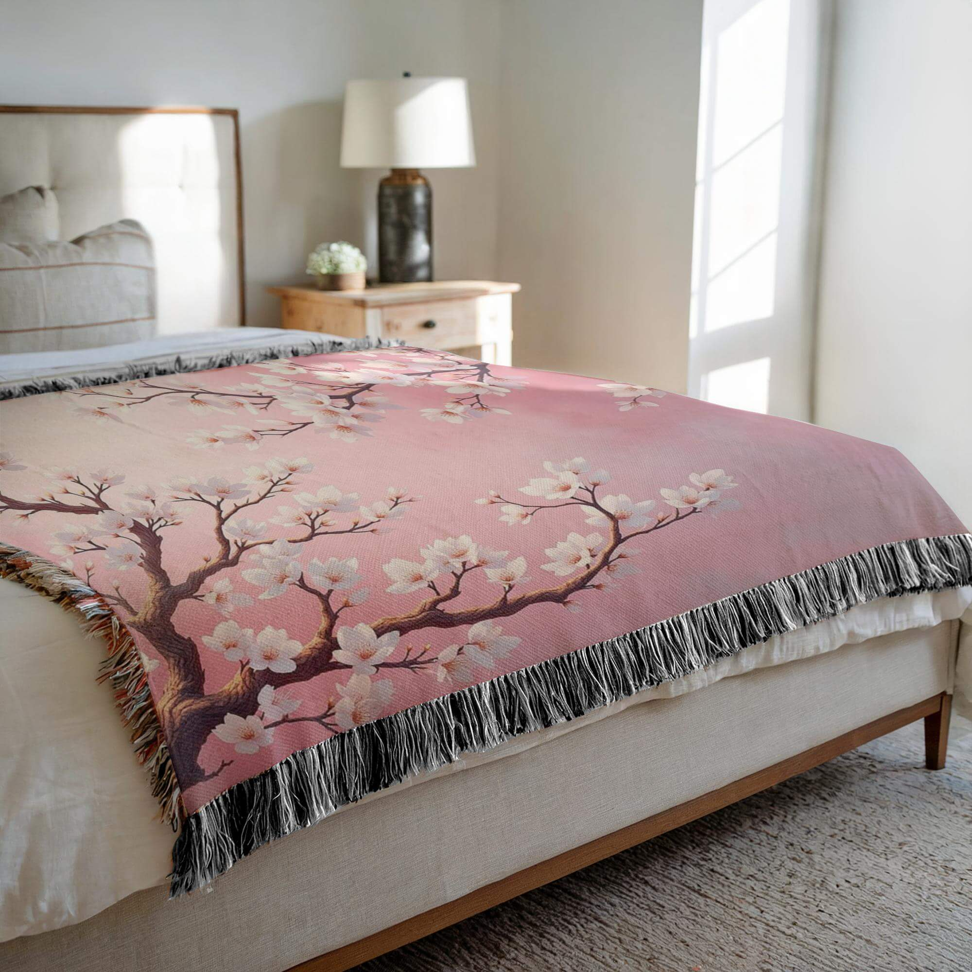 Side view of the Pink Almond Blossom Woven Blanket draped on a bed.