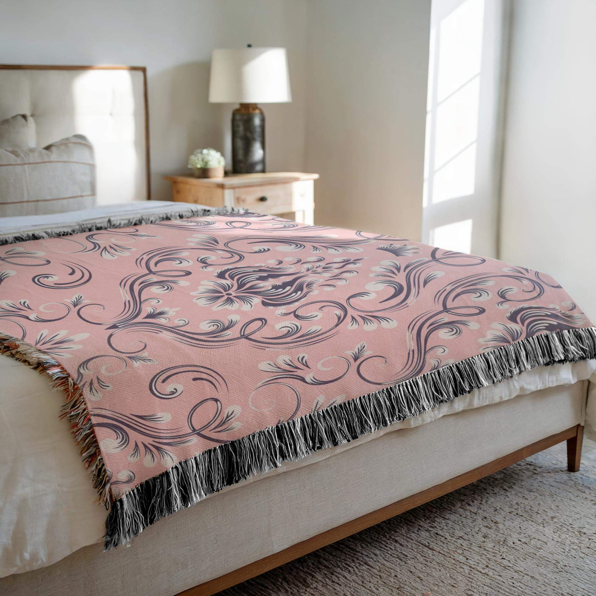Pink Floral Damask Woven Blanket on a bed with soft sunlight, showcasing its intricate design and luxurious texture.