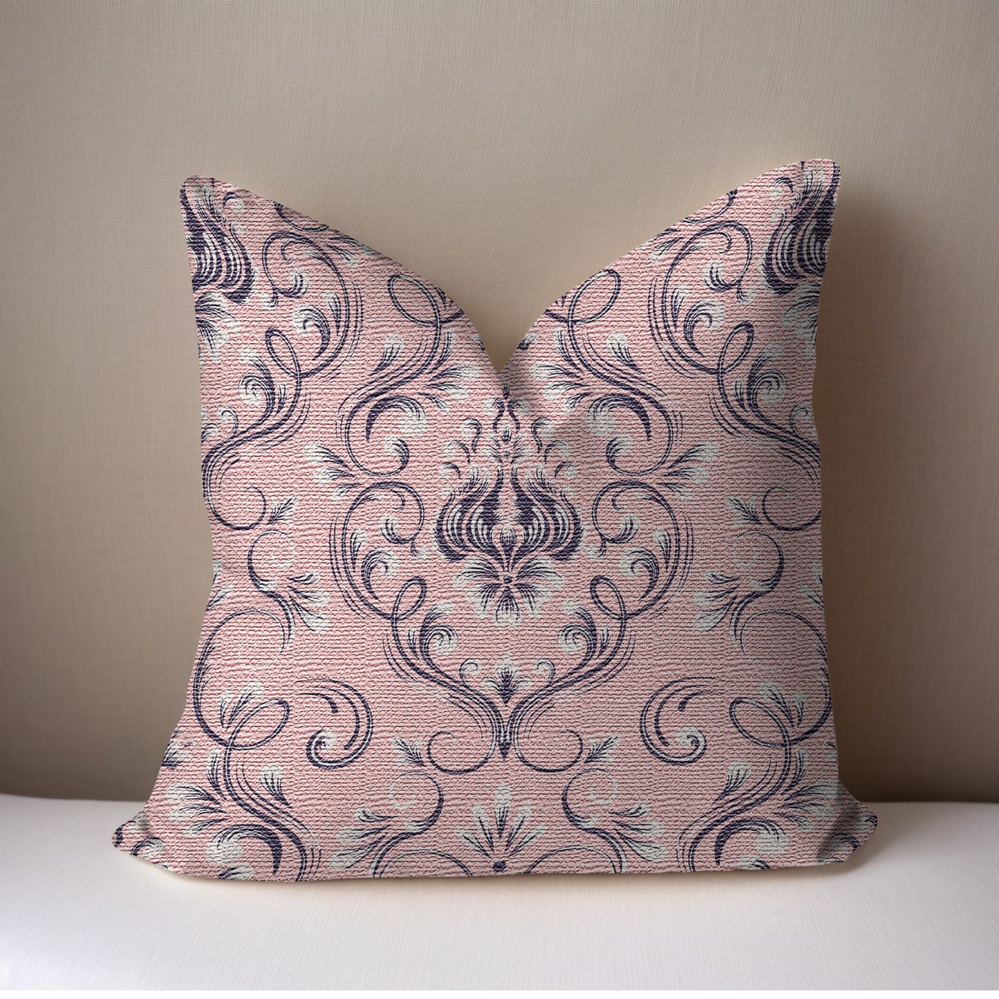 Pink And Navy Damask Woven Pillow showcasing an intricate damask pattern in blush pink and deep navy.