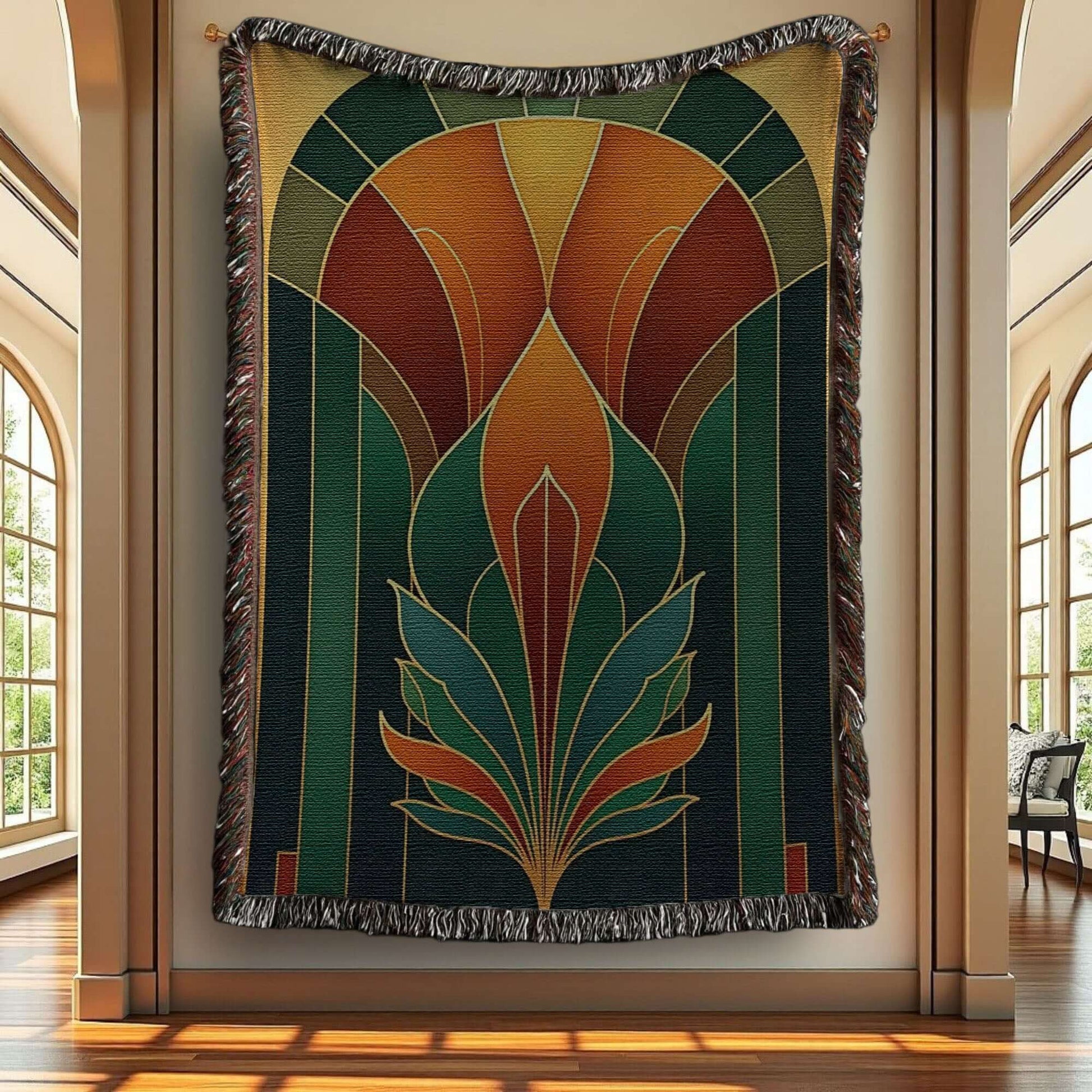 Teal and Bronze Art Deco Design Woven Blanket Tapestry