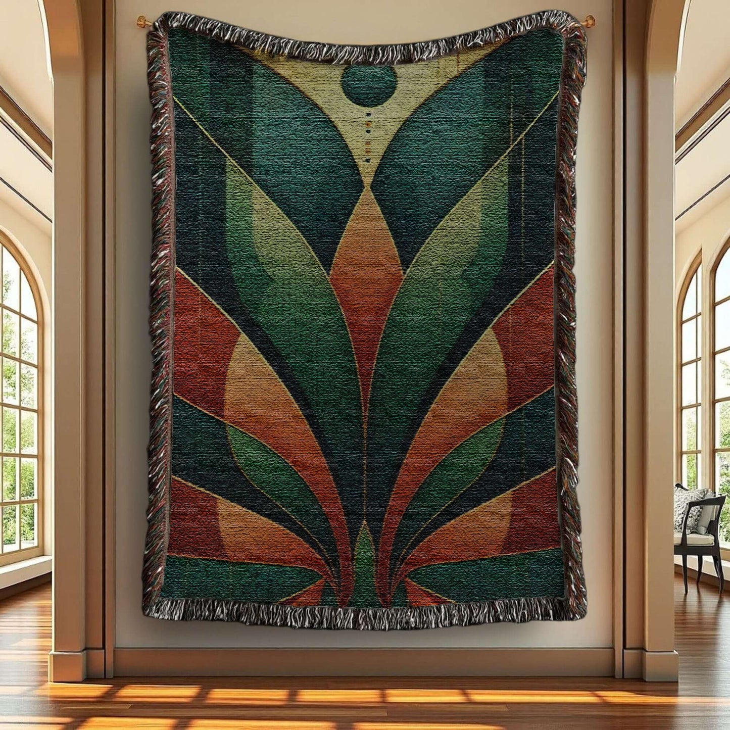 Art Deco Inspired Teal Bronze Mitered Design Woven Blanket Tapestry