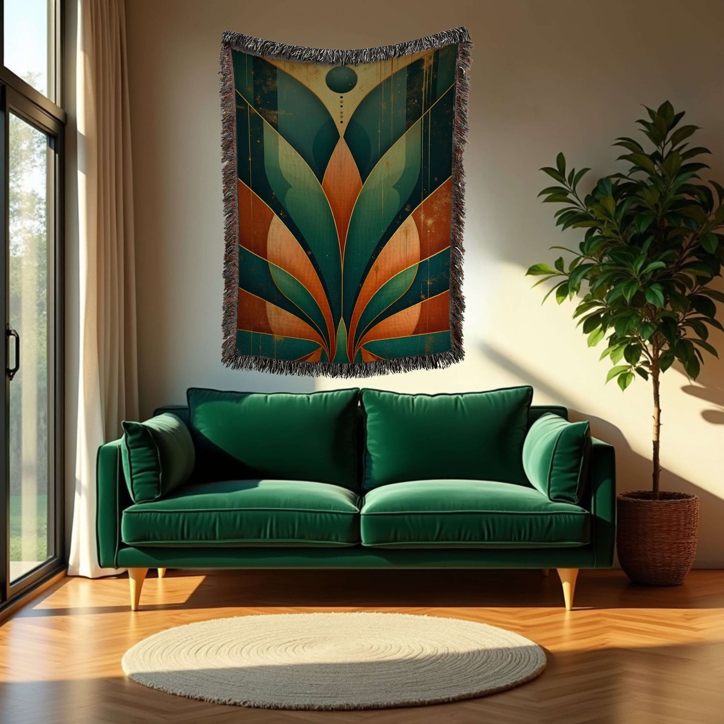 Art Deco Inspired Teal Bronze Mitered Design Woven Blanket Tapestry