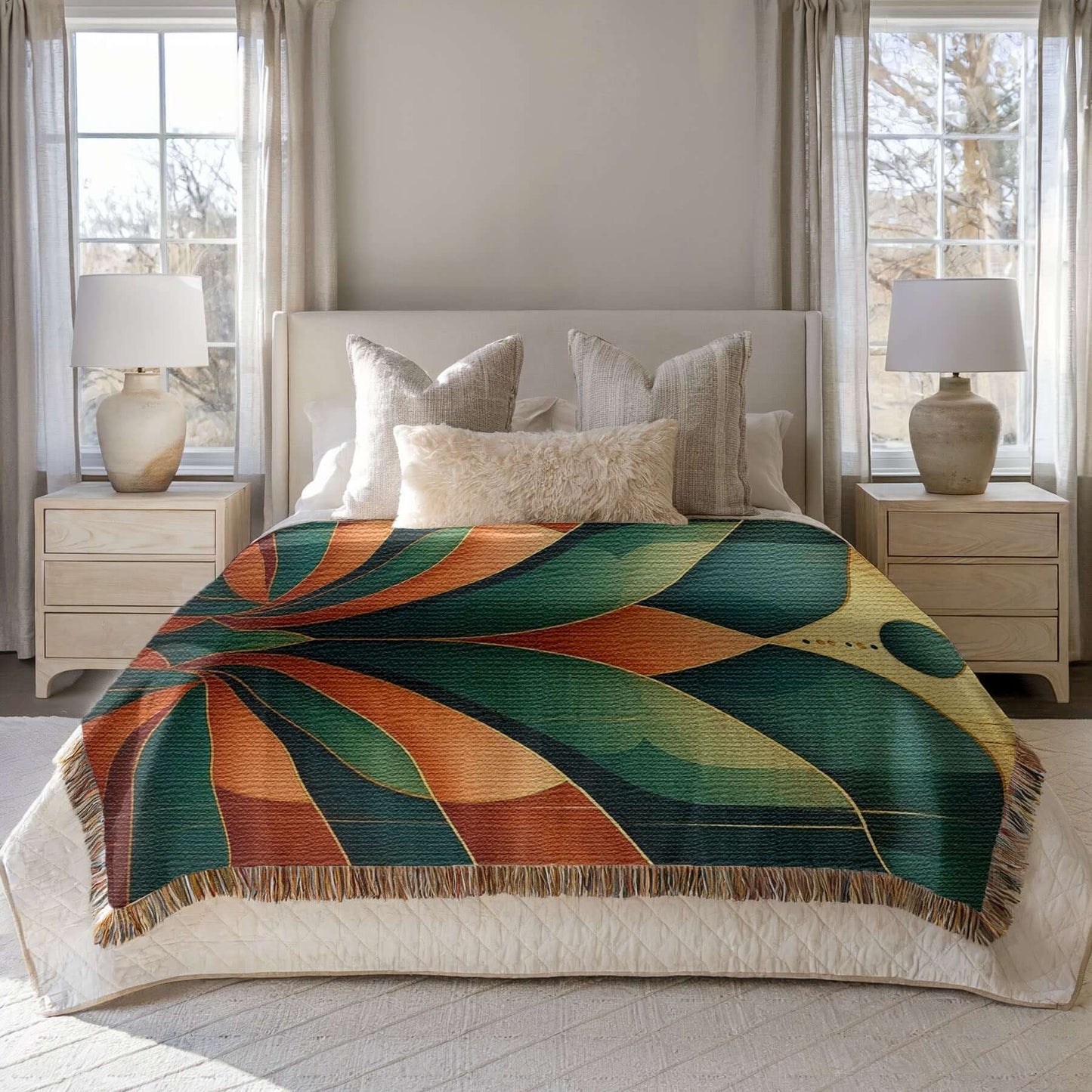Art Deco Inspired Teal Bronze Mitered Design Woven Blanket Tapestry