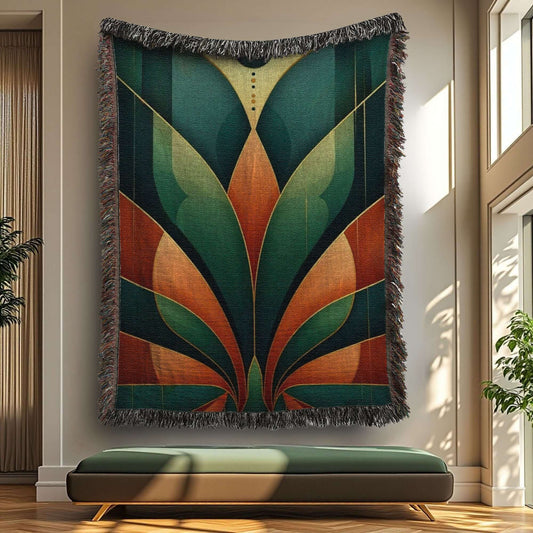 Art Deco Inspired Teal Bronze Mitered Design Woven Blanket Tapestry
