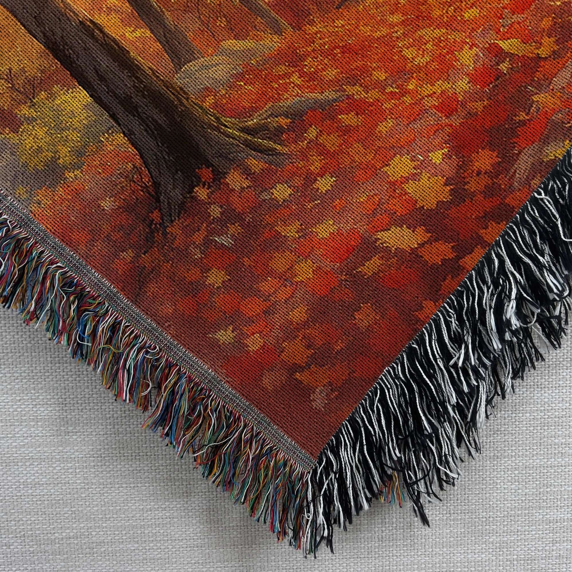 Close-up of Autumn Day Woven Blanket Tapestry with fringes