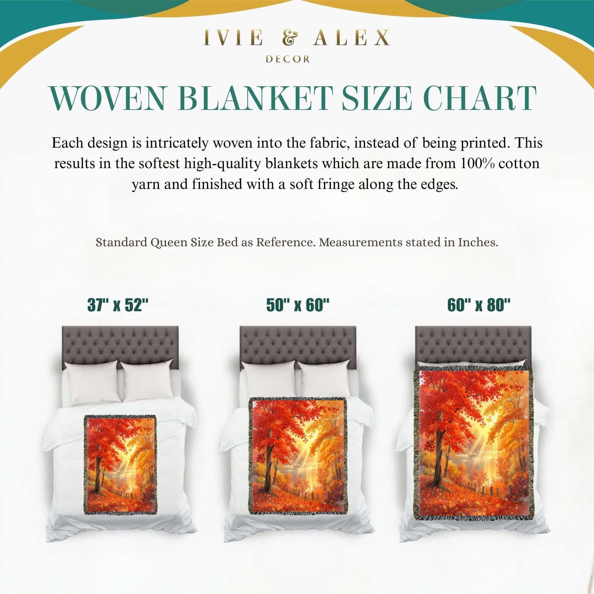 Woven blanket size chart with IVIE & ALEX DECOR branding and blanket sizes for the Autumn Day Woven Blanket Tapestry, featuring sizes:  37"x52", 50"x60", and 60"x80."