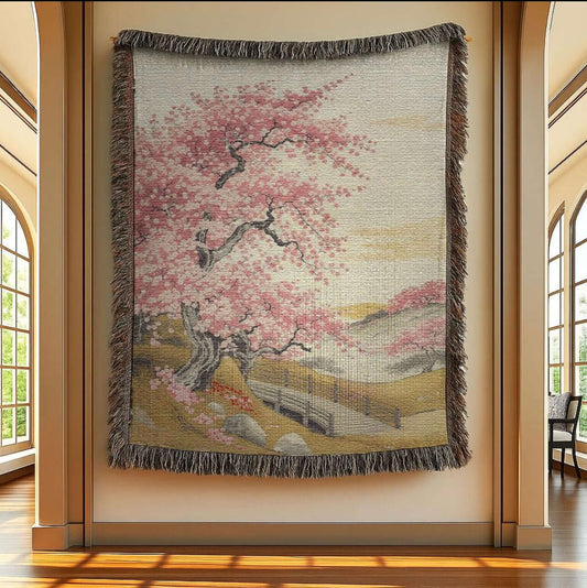 Cherry Blossom Tree Woven Blanket Tapestry Woven fringed blanket featuring an image of a cherry blossom tree is hanging on a gallery wall. 