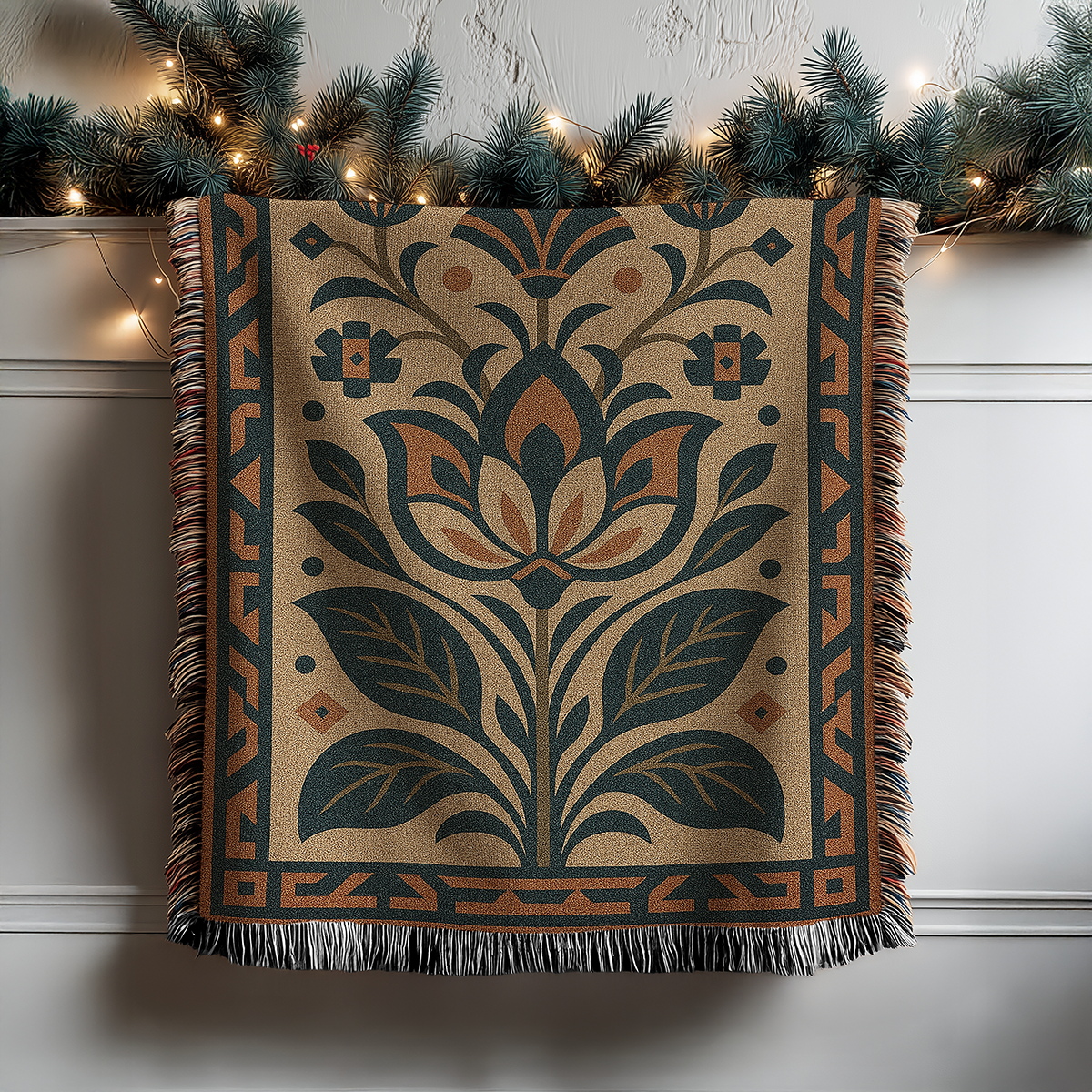 Folk Art Inspired Floral Blanket Tapestry hanging on a mantle with a Christmas garland on top