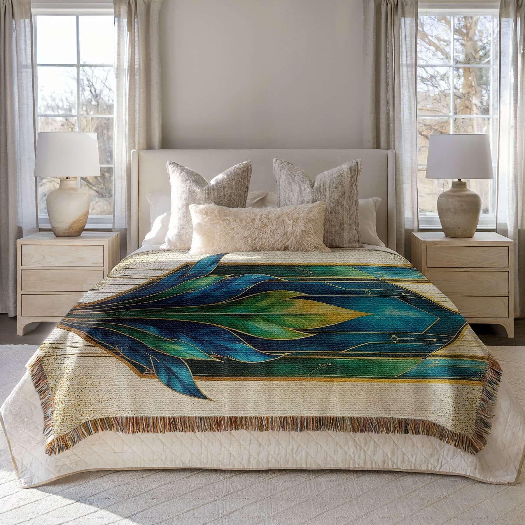 Art Deco Woven Blanket in Blue Green Gold displayed on a cozy bed in a sunny room.