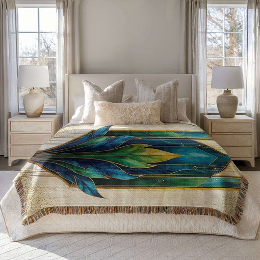 Art Deco Woven Blanket in Blue Green Gold displayed on a cozy bed in a sunny room.