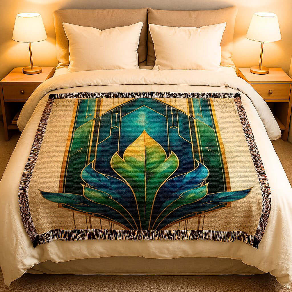 Art Deco Woven Blanket in Blue Green Gold displayed on a cozy bed with warm lamps.