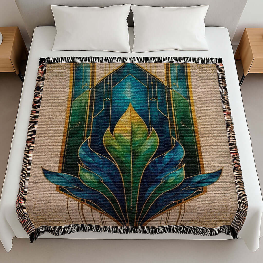 Art Deco Woven Blanket in Blue Green Gold displayed on a bed with intricate leaf design.