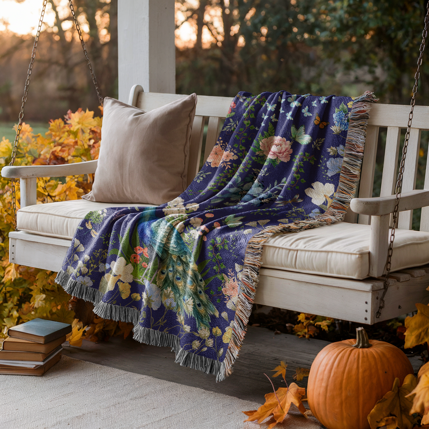 Blue Peacock Floral Woven Blanket with Fringes draped over a white bench on a porch with pumpkins and books.
