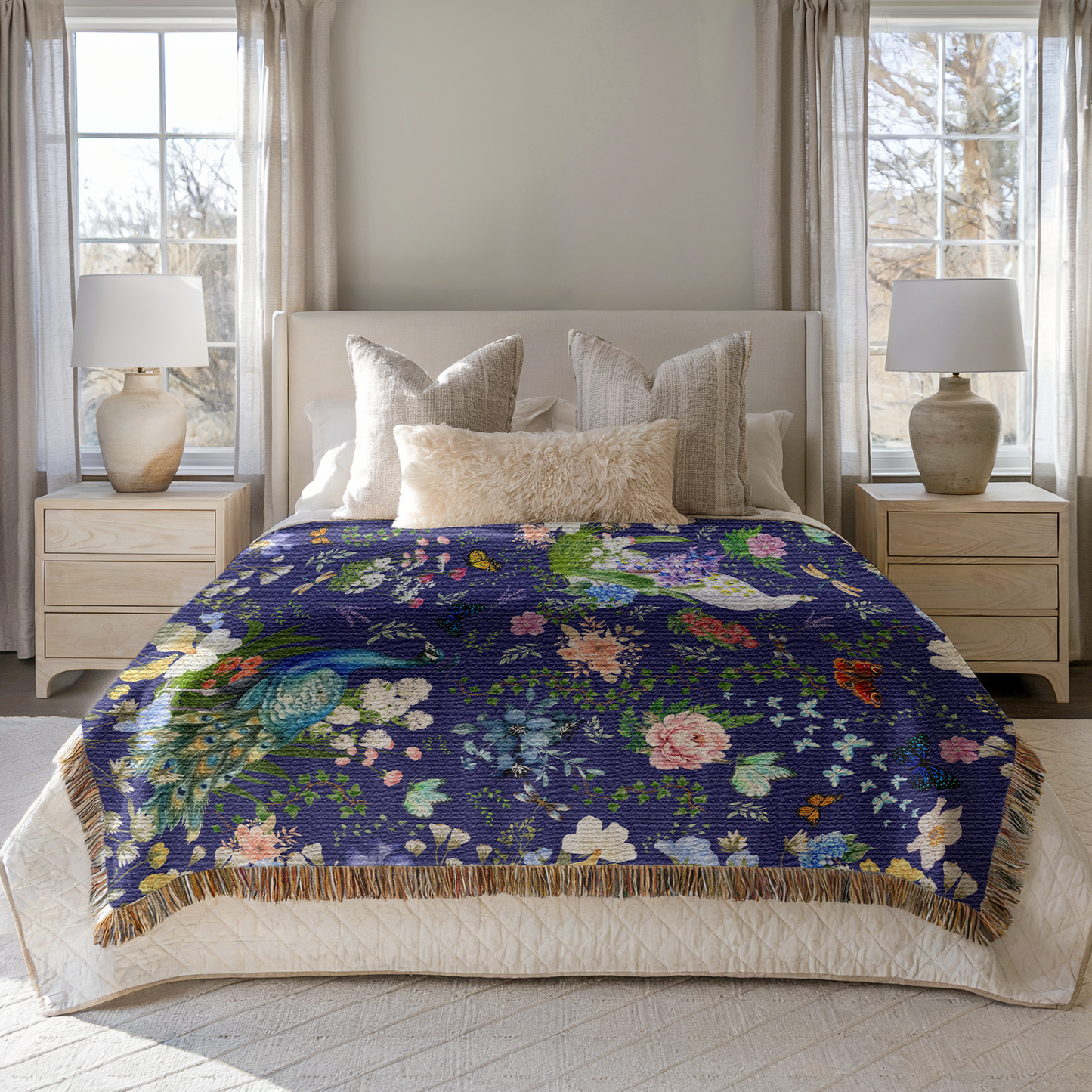 Blue Peacock Floral Woven Blanket with Fringes on a bed in a well lighted bedroom with two lamps on end tables