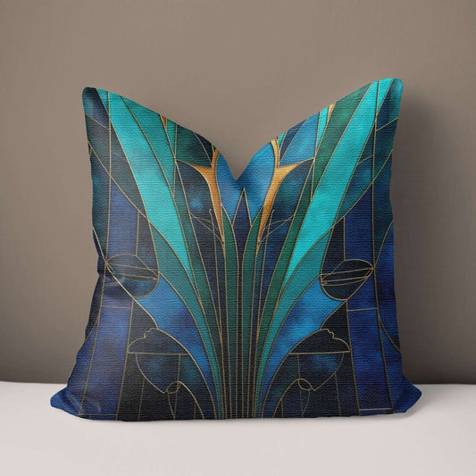 Blue And Teal Art Deco Woven Pillow on a white surface with a brown background
