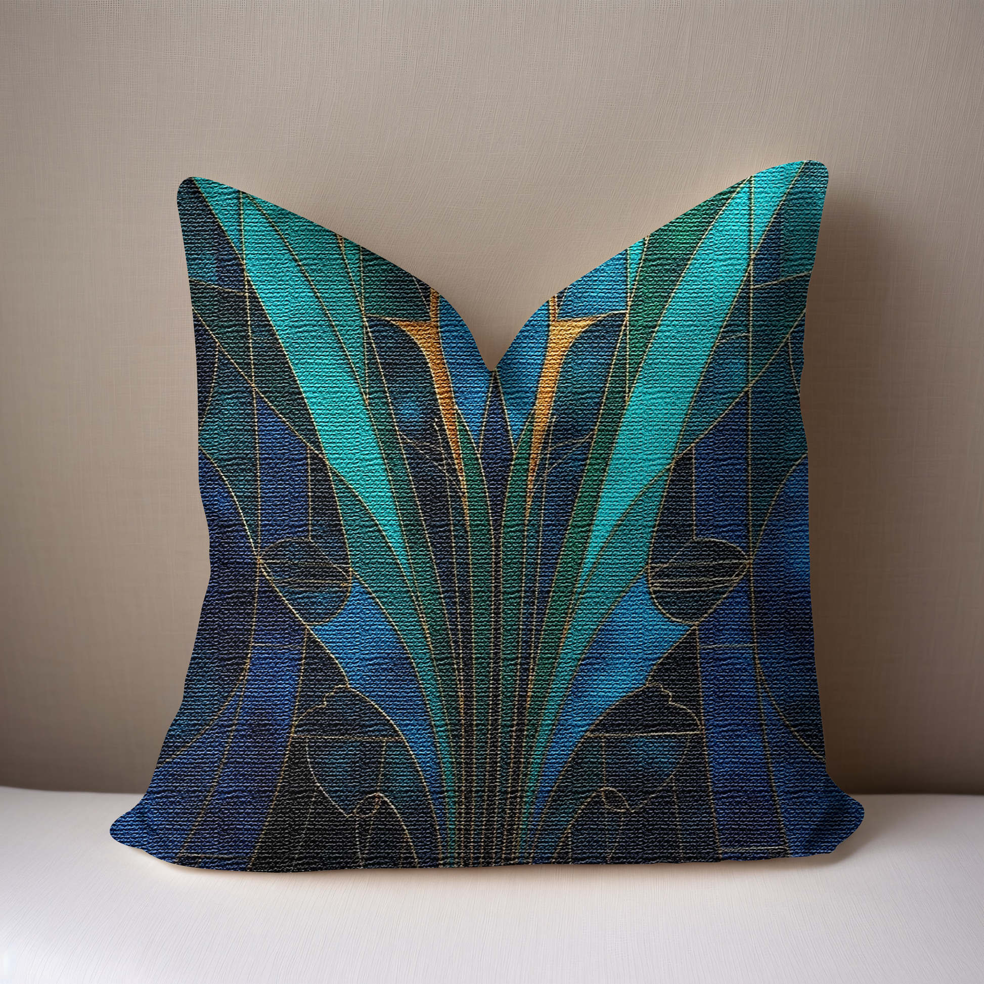 Blue And Teal Art Deco Woven Pillow on a white surface with a brown background